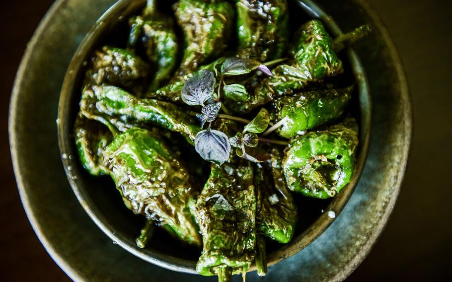 The grilled Padron peppers with flaked sea salt were a lunchtime highlight at Petiole Cafe in Bahrain.