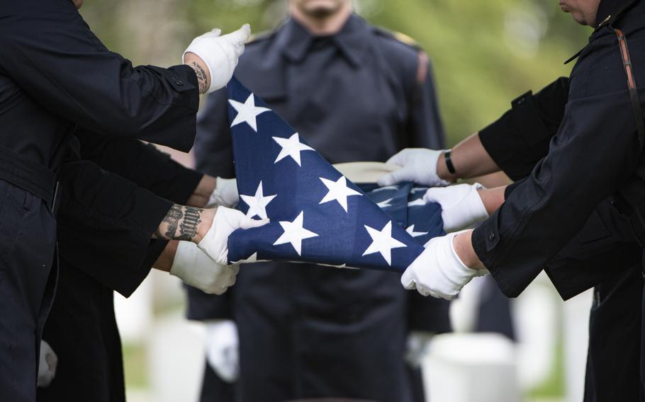 Soldiers from the 3d U.S. Infantry Regiment (The Old Guard) and the U.S. Army Band, “Pershing’s Own”, conduct military funeral honors with funeral escort for U.S. Army Air Forces Sgt. Irving Newman in Section 4 of Arlington National Cemetery, Arlington, Va., April 11, 2024. 