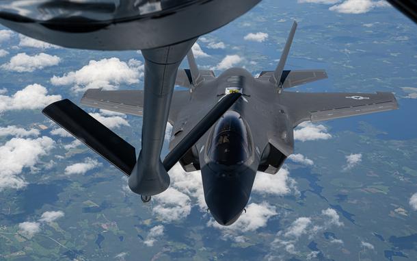 A U.S. Air Force F-35A Lightning II from the 48th Fighter Wing, RAF Lakenheath, England, approaches a U.S. Air Force KC-135 Stratotanker from the 100th Air Refueling Wing, RAF Mildenhall, England, for fuel during exercise Atlantic Trident 25 over Finland, June 26, 2025. Atlantic Trident 25 is a Finnish Air Force-hosted, operational and tactical-level field training exercise designed to strengthen interoperability and cohesion with NATO allied forces. (U.S. Air Force photo by Senior Airman Christopher Campbell)