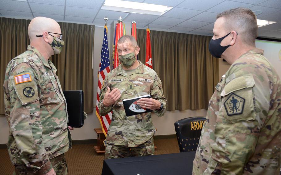 Sgt. Major of the Army Michael Grinston listened to questions and concerns from assignment managers, regarding soldier and family programs, during a town hall Aug. 18, 2021, at U.S. Army Human Resources Command. Grinston was soliciting feedback on the Exceptional Family Member Program, as well as Married Army Couples Program and issues affecting single parents. He also solicited their ideas on how to make improvements to the assignment process for soldiers in those programs. 