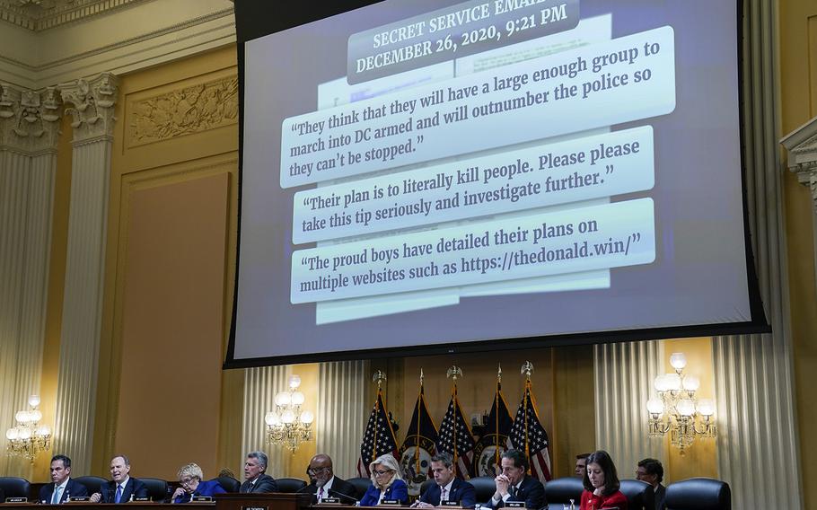 Secret Service emails are displayed during a hearing on Capitol Hill on Thursday, Oct. 13, 2022, as the House select committee investigates the Jan. 6, 2021, attack on the U.S. Capitol. 