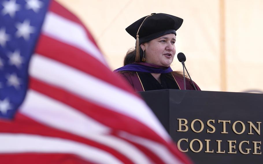 Ukrainian Ambassador Oksana Markarova delivers a commencement address at Boston College, Monday, May 22, 2023, in Newton, Mass. 
