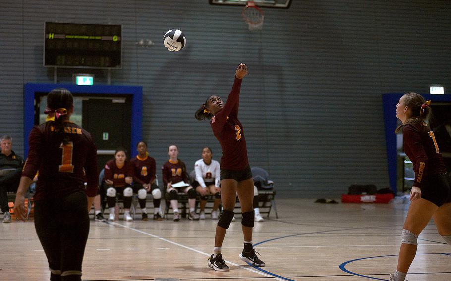 Vilseck's Zabria Fakeye hits the ball during the Falcons' matchup with Lakenheath during pool-play action of the DODEA European volleyball championships on Oct. 26, 2023, at Southside Fitness Center on Ramstein Air Base, Germany.