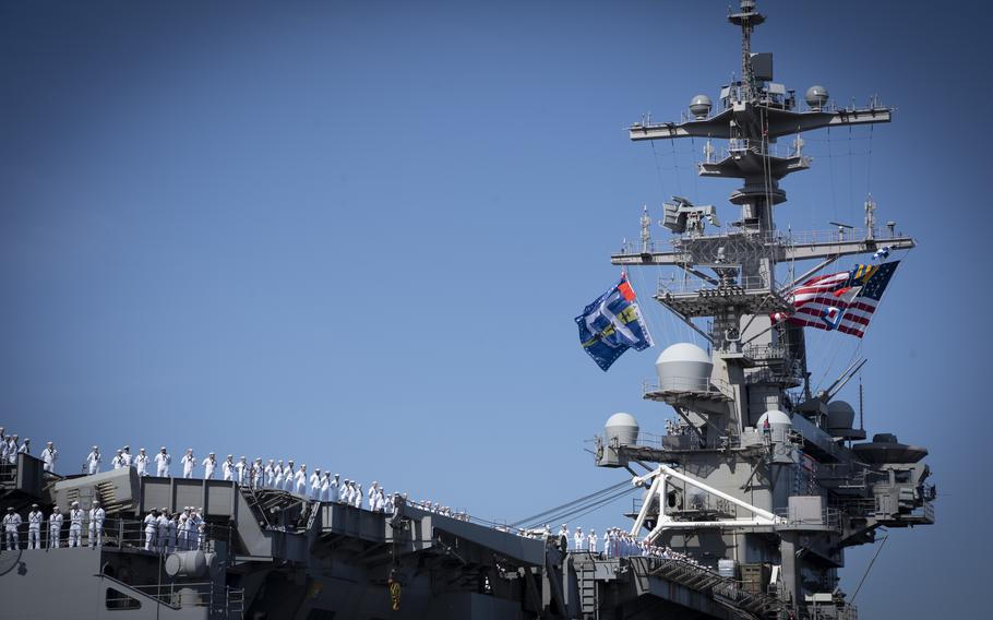 The USS George H.W. Bush returns to Naval Station Norfolk following an eight-month deployment, Sunday, April 23, 2023. 