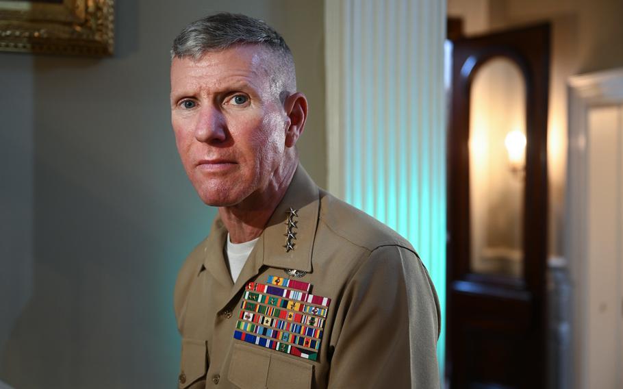 Marine Corps Gen. Eric M. Smith poses for a portrait at his residence at Marine Barracks Washington on Thursday, after a ceremony in which he recognized the three people who came to his rescue. 
