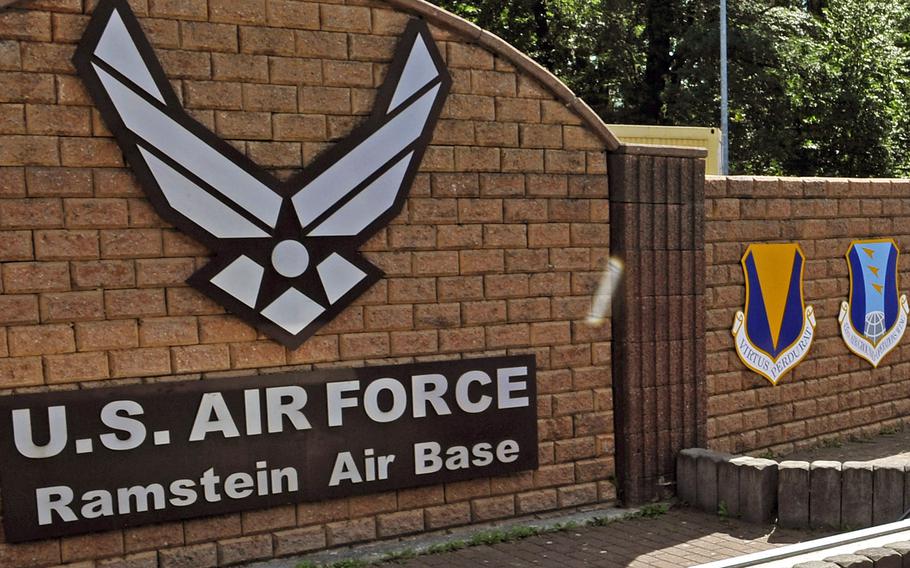 “U.S. Air Force Ramstein Air Base” is written on a brick gate.