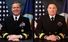 Two side by side photos of U.S. Navy officers in dress blue uniforms pose for an official photograph with their hands folded on a table. 