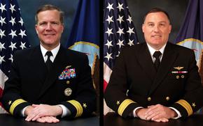 Two side by side photos of U.S. Navy officers in dress blue uniforms pose for an official photograph with their hands folded on a table. 