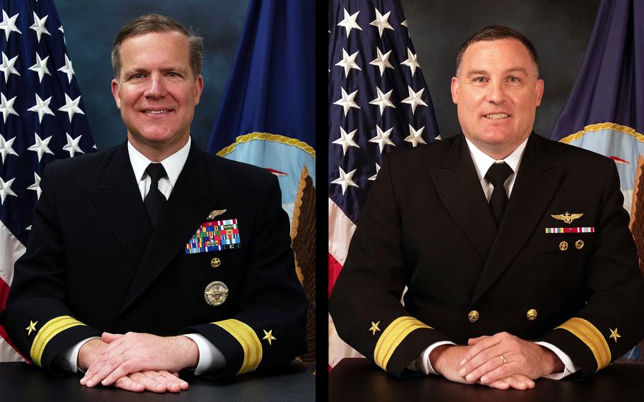 Two side by side photos of U.S. Navy officers in dress blue uniforms pose for an official photograph with their hands folded on a table. 