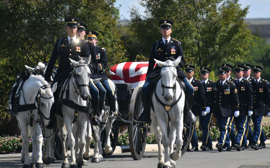 Lt. Col. James Megellas receives military funeral honors at Arlington National Cemetery on Friday, Sept. 2, 2022.
