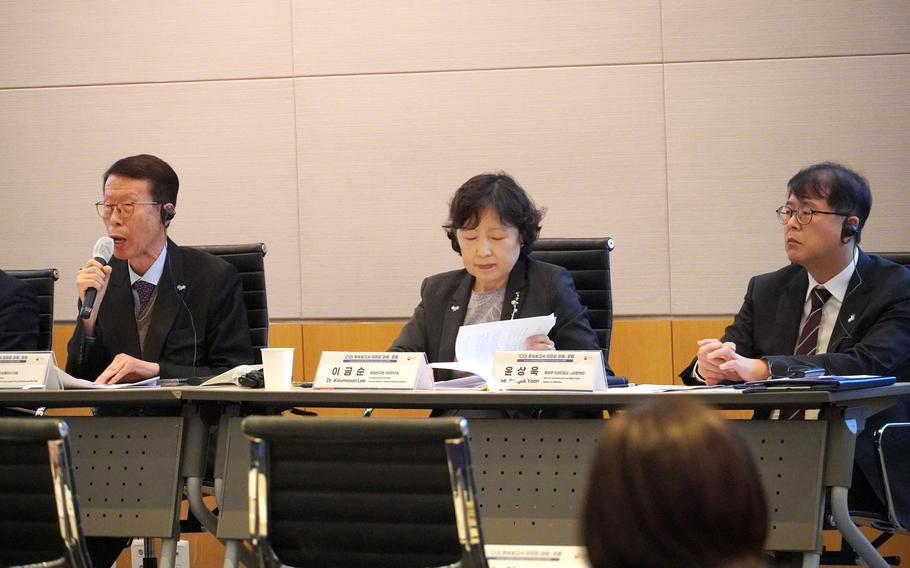 Panelists discuss North Korean human rights abuses at the Ministry of Unification in Seoul, South Korea, April 26, 2024. From left to right: Kim Tae-Hoon, president of the People for Successful Corean Reunification; Lee Keumsoon, senior research fellow at the Korean Institute for National Unification; and Yoon Sanguk, director general for human rights policy at the Ministry of Unification.