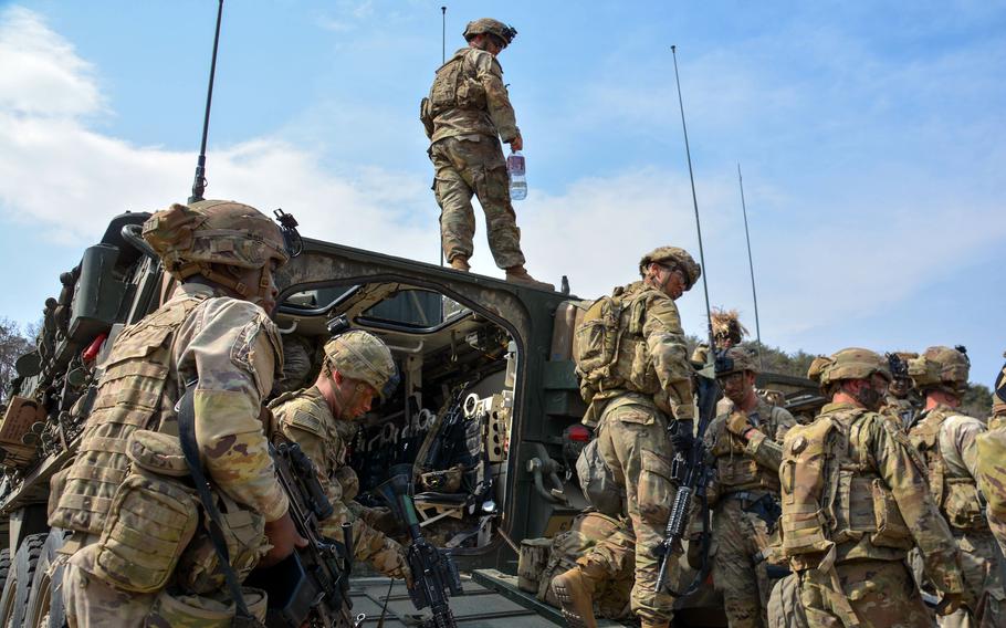 U.S. soldiers from 1st Battalion, 17th Infantry Regiment, 2nd Stryker Brigade Combat Team prepare for the Warrior Shield exercise at Rodriguez Live Fire Complex in Pocheon, South Korea, Wednesday, March 22, 2023.