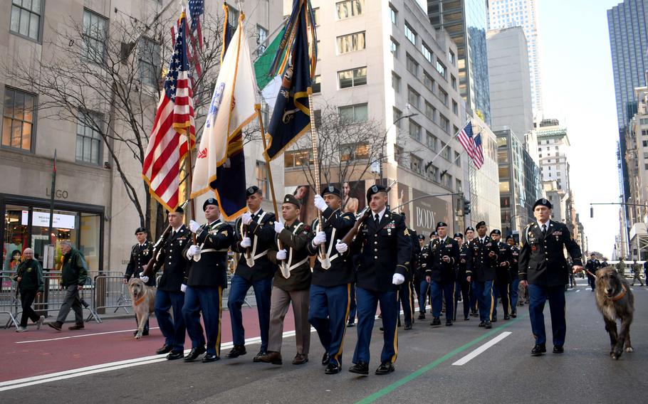 Soldiers with the New York National Guard’s 1st Battalion, 69th Infantry Regiment, 27th Infantry Brigade Combat Team, 42nd Infantry Division, lead the annual New York City Saint Patrick’s Day Parade, Saturday, March 16, 2024.