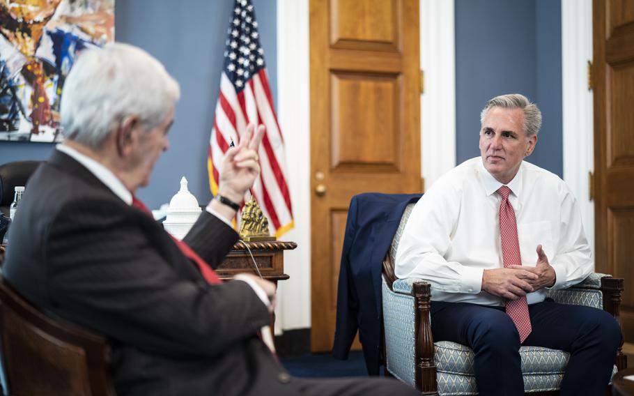 House Minority Leader Kevin McCarthy (R-Calif.), right, in his office with former House speaker Newt Gingrich on Sept. 22, 2022.