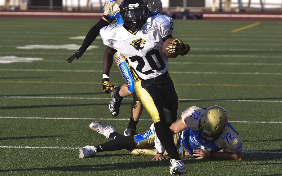 Stuttgart sophomore Michael Watkins returns a punt in the first half of a game against Wiesbaden on Sept. 13, 2024 in Wiesbaden, Germany. The Panthers won the game 14-12.