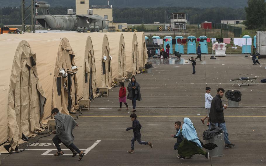 Afghan refugees' temporary housing at Ramstein Air Base in Germany, shown in August 2021. U.S. Army Garrison Rheinland-Pfalz's award for best anti-terrorism program was based partly on the work its security team did during an operation that evacuated tens of thousands of people from Afghanistan.
