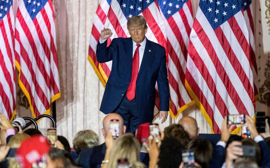 Former president Donald Trump announces his 2024 bid for president at his Mar-a-Lago estate in Palm Beach, Fla., on Nov. 15.