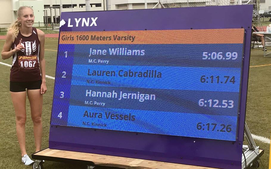 She’s No. 1 in the Pacific record book. Matthew C. Perry senior Jane Williams ran the 1,600 meters in 5 minutes, 6.99 seconds on Saturday at her home Samurai Field track, breaking the old Pacific record of 5:07.45 set in 2015 by Seisen’s Brittani Shappell.