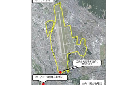 Red circles on this graphic mark the locations of recent Japanese government PFAS surveys near Yokota Air Base, outlined in yellow.