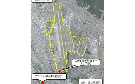 Red circles on this graphic mark the locations of recent Japanese government PFAS surveys near Yokota Air Base, outlined in yellow.