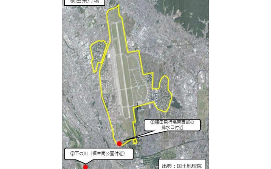Red circles on this graphic mark the locations of recent Japanese government PFAS surveys near Yokota Air Base, outlined in yellow.