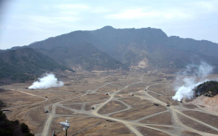 U.S. and South Korean army vehicles carry out live-fire training during the Warrior Shield exercise at Rodriguez Live Fire Complex in Pocheon, South Korea, Wednesday, March 22, 2023.