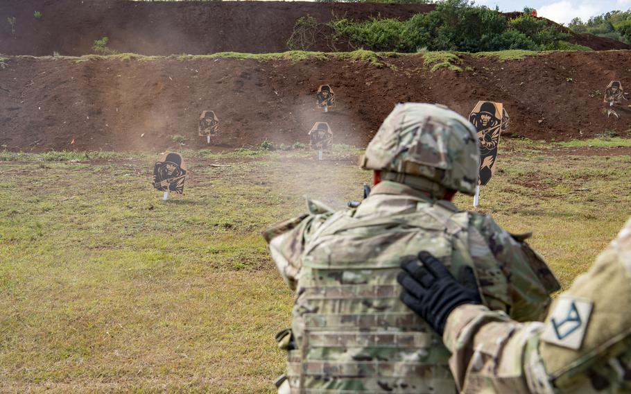 A Massachusetts National Guardsman with the 772nd Military Police Company fires an M4A1 carbine during Justified Accord 2024 (JA24) for lethal weapons training at the Counter Insurgency Terrorism and Stability Operations Training Centre, Nanyuki, Kenya, Wednesday, Feb. 28, 2024. JA24 is U.S. Africa Command’s largest exercise in East Africa, running from Feb. 26 through March 7.