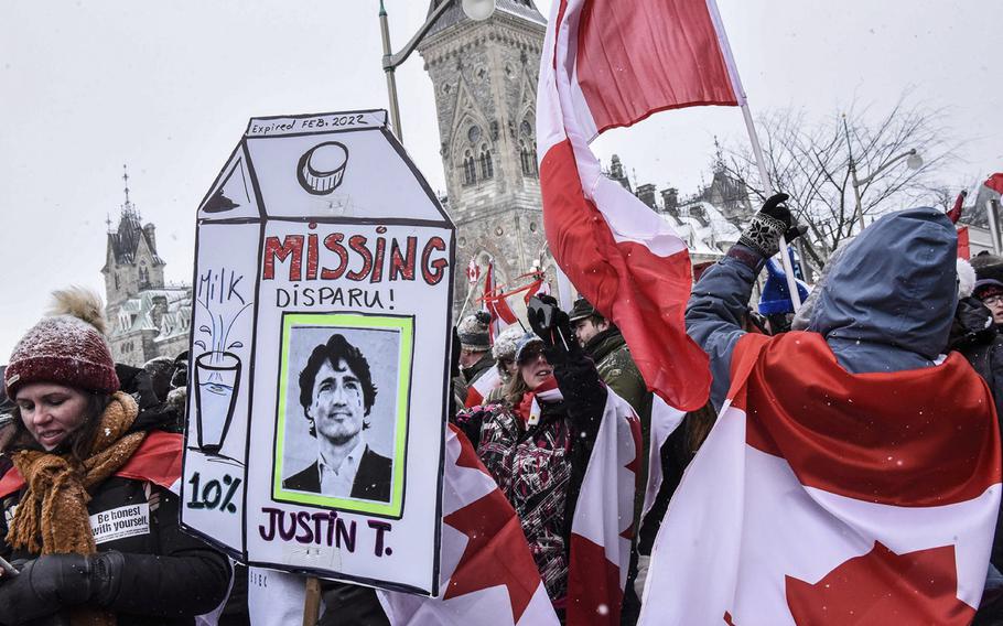 Protesters are seen during a demonstration near Parliament Hill in Ottawa, Ontario, Canada, on Feb. 12, 2022. 