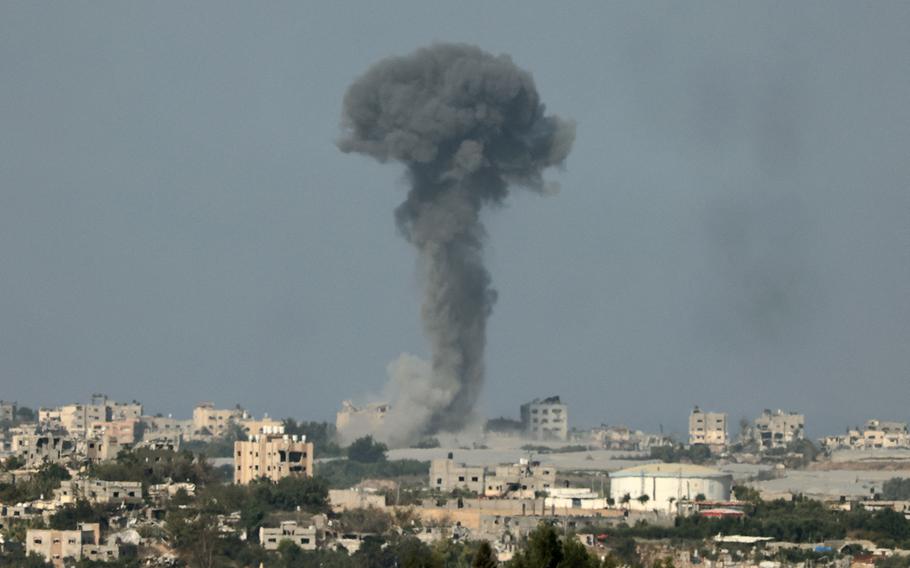 A picture taken from the southern Israeli city of Sderot on Oct. 20, 2023, shows smoke ascending over the northern Gaza Strip following an Israeli strike, amid the ongoing battles between Israel and the Palestinian group Hamas. 