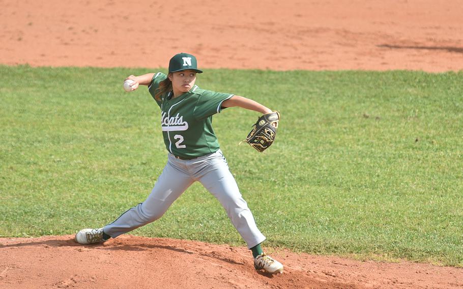 Naples’ Ella Grace throws towards home in the Wildcats’ 10-2 victory over Vicenza on Saturday, April 20, 2024. She allowed one run and two hits in three innings of work.