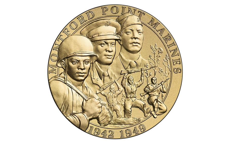 A bronze duplicate of the front image of the Congressional Gold Medal awarded to the Montford Point Marines in 2011 and presented in 2012. 