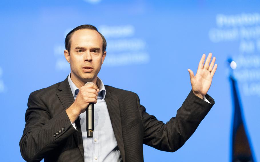 Preston Dunlap discusses demystifying Multi-Domain Command and Control during the Air Force Association Air, Space and Cyber Conference in National Harbor, Md., Sept. 17, 2019. Dunlap handed in his resignation on Monday after three years as chief architect officer at the U.S. Space Force and U.S. Air Force. 