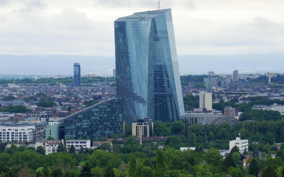 The European Central Bank headquarters on the north bank of the Main River in Frankfurt. It is one of many skyscrapers that can be seen from the viewing platform of the Goetheturm.