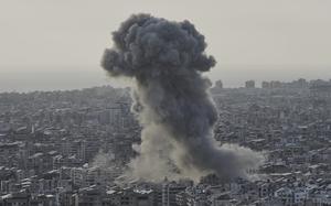 Smoke rises following an Israeli airstrike on Dahiyeh in the southern suburb of Beirut, Lebanon, Sunday, April 27, 2025. (AP Photo/Bilal Hussein)