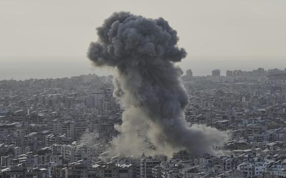 Smoke rises following an Israeli airstrike on Dahiyeh in the southern suburb of Beirut, Lebanon, Sunday, April 27, 2025. (AP Photo/Bilal Hussein)