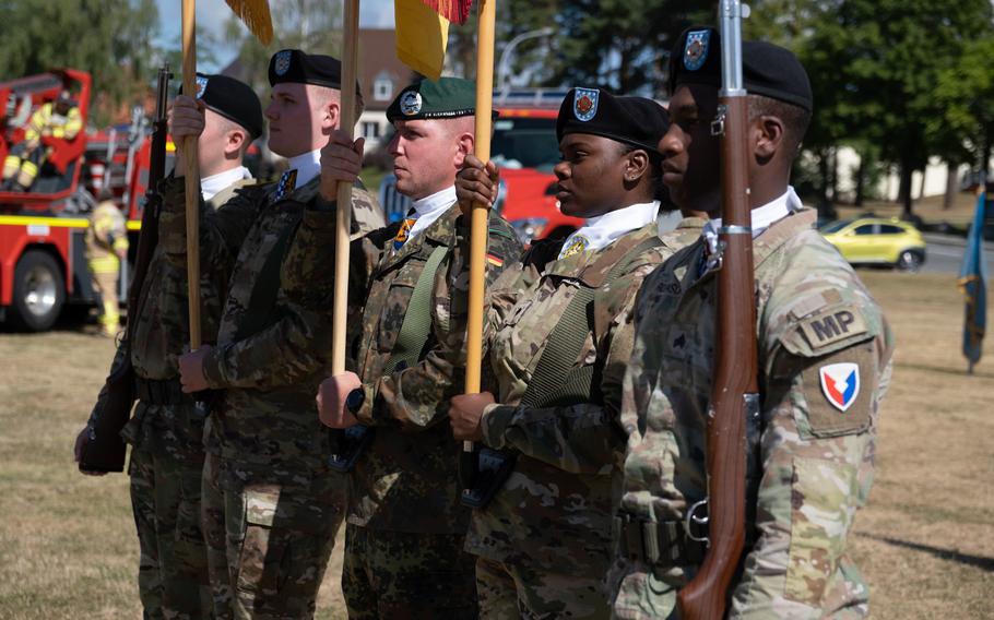 A joint team of American and German armed forces comprise the color guard for the U.S. Army Garrison Bavaria change of command ceremony at Tower Barracks in Grafenwoehr, Germany, July 12, 2022.