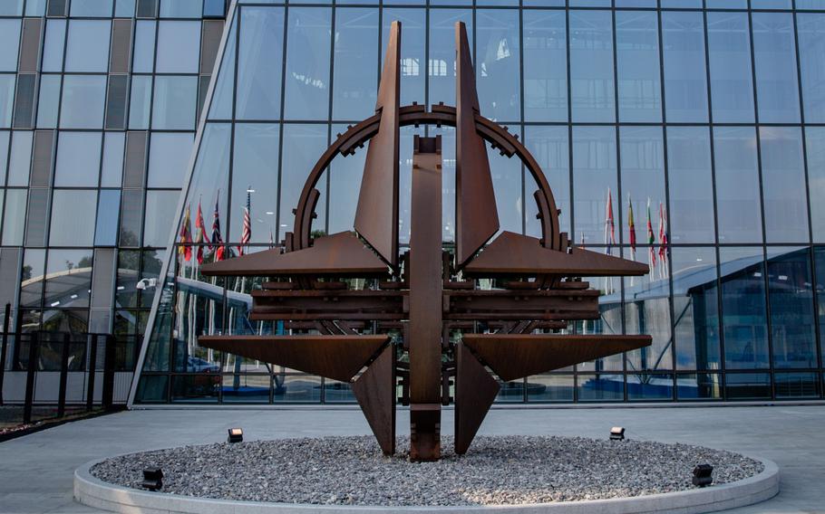 The NATO Star sculpture stands during the North Atlantic Treaty Organization (NATO) summit in Brussels on July 12, 2018. 