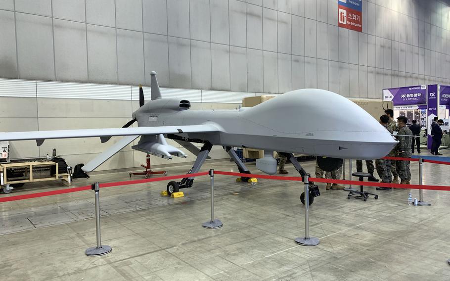 A U.S. Army MQ-1C Gray Eagle unmanned aircraft system is displayed at the Defense and Security Expo in Goyang, South Korea, Wednesday, Sept. 21, 2022. 