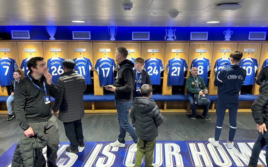 Soccer fans on the stadium tour of Stamford Bridge in London are treated to a glimpse of Chelsea Football Club's locker room on March 16, 2024. 