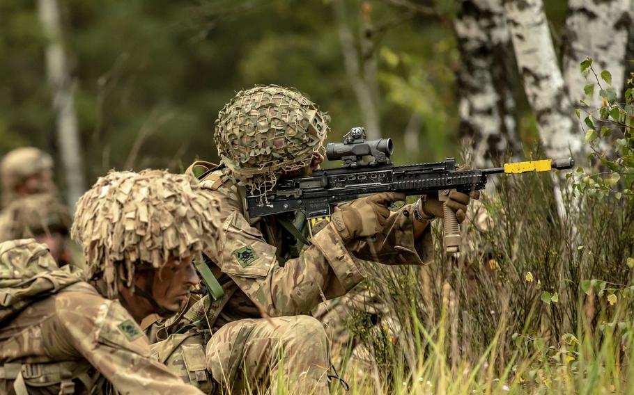 British soldiers secure an area during an exercise at Bemowo Piskie Training Area in Poland in August 2023. This year, the U.K. will send 20,000 troops to Steadfast Defender, NATO’s largest combat drill since the Cold War, British Defense Secretary Grant Shapps announced Jan. 16, 2024.