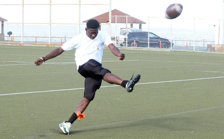 Sophomore Koboyo Awesso, an accomplished soccer player for Nile C. Kinnick, is proving pretty faiir at placekicking as well.