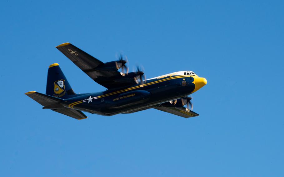 The Blue Angels’ “Fat Albert” C-130J Super Hercules assigned the Blue Angels flies over Travis Air Force Base, Calif., March 14, 2024. 
