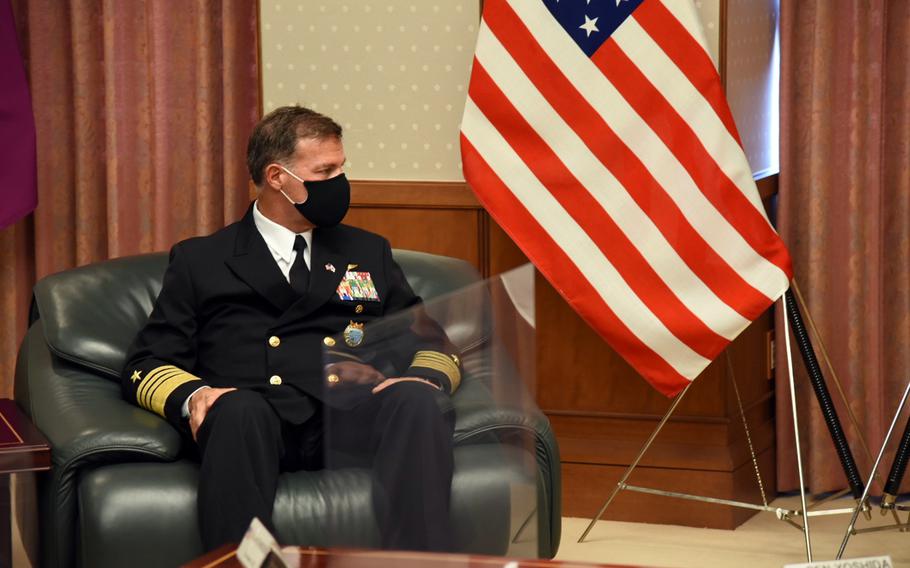 Adm. John Aquilino calls on Japanese military leaders during his first visit to the Ministry of Defense in Tokyo as head of U.S. Indo-Pacific Command, Tuesday, June 1, 2021. 