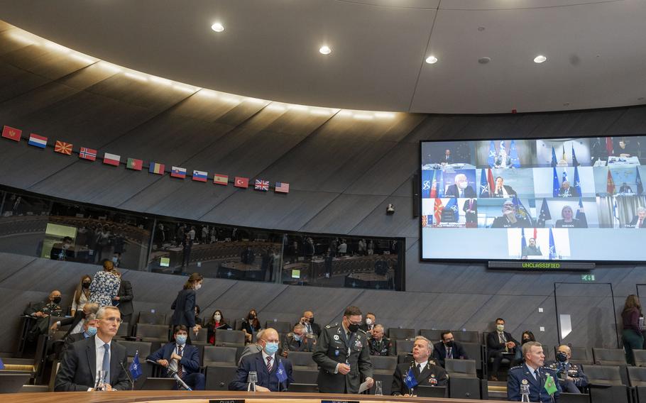 NATO Secretary-General Jens Stoltenberg gives opening remarks in Brussels during a virtual meeting of the North Atlantic Council, Feb. 25, 2022. 