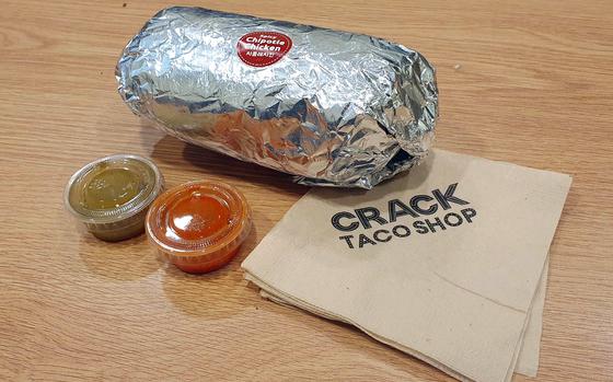 The spicy chipotle chicken burrito from Crack Taco Shop near Osan Air Base, South Korea. 