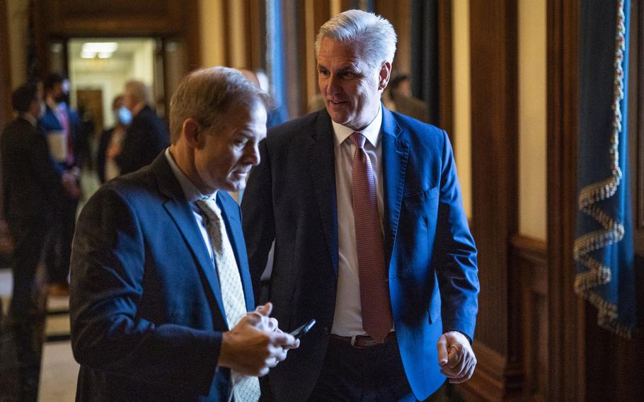 House Minority Leader Kevin McCarthy, right, who would be in line to become speaker if the Republicans retake the House, speaks with Rep. Jim Jordan, who would chair the House Judiciary Committee. 