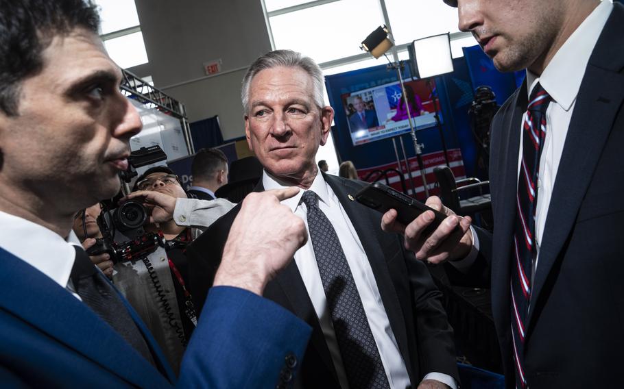 Sen. Tommy Tuberville (R-Ala.) arrives for an interview at the Conservative Political Action Conference in March. 