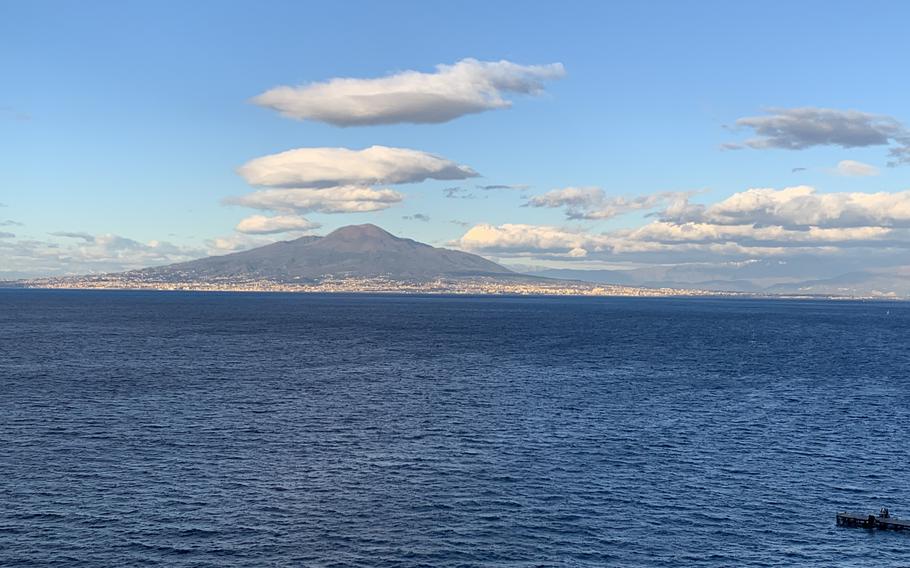 This view of the Gulf of Naples and Mount Vesuvius from Villa di Comunale in Sorrento, Italy, makes the park there popular with tourists. 