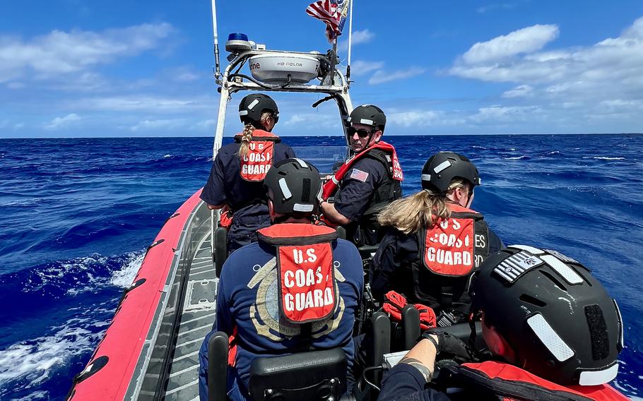 The crew of the U.S. Coast Guard cutter Myrtle Hazard operate near Guam on Feb. 12, 2025. 