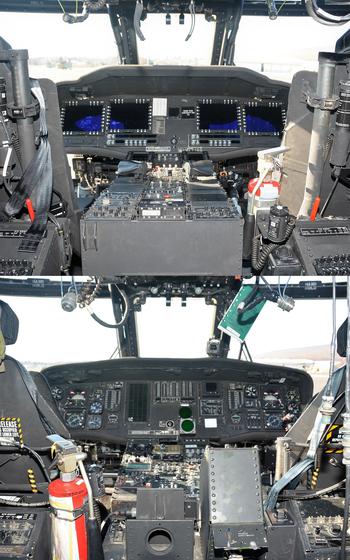Une photo composite montre la différence entre le panneau de commande de l'hélicoptère UH-60V Black Hawk, en haut, et le panneau de commande UH-60L.  La "Vainqueurs" ont plusieurs avancées technologiques qui les rendent plus faciles à utiliser que les anciennes variantes, y compris un cockpit en verre numérique. 